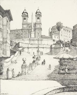 drawing of a drawing of a large building with a clock tower on the top of it
