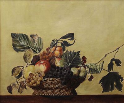 a painting of a basket of fruit on a table