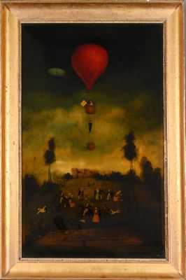 an oil painting of a hot air balloon flying over a field