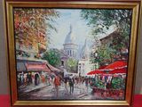 painting of a street scene with a church in the background