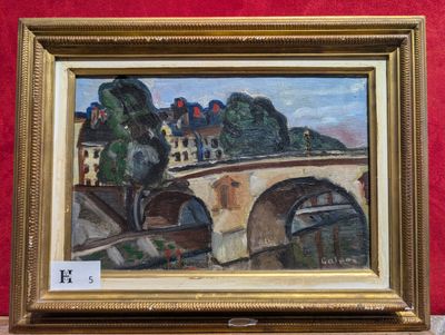 une peinture à l'huile représentant un pont sur une rivière avec des bâtiments à l'arrière-plan