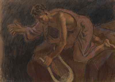 drawing of a man on a horse with a whip in his hand