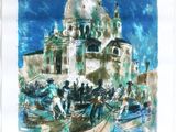 painting of a boat with people on it in front of a building