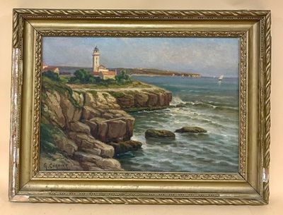 painting of a lighthouse on a rocky coast with a sailboat in the distance
