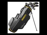 a close up of a bag of golf clubs on a white background