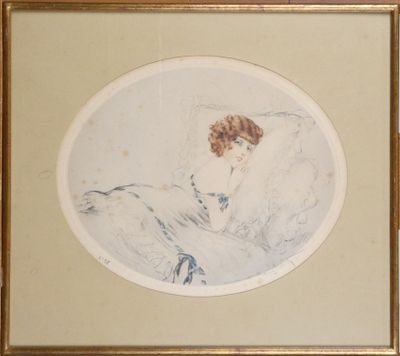 painting of a woman sitting in a chair with her head resting on a pillow