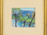 an oil painting of trees by a river in a gold frame