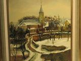 painting of a snowy landscape with a church in the background