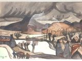 un tableau représentant un groupe de personnes à cheval dans un champ