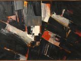 peinture abstraite en noir et blanc rehaussée de touches de rouge et de blanc