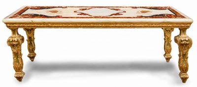 une image d'une table avec un plateau en marbre sur un fond blanc