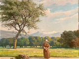 painting of a woman walking down a path in a field with a tree