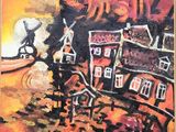 painting of a painting of a man walking down a street next to a building