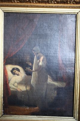 une image représentant un tableau où l'on voit une femme dans un lit avec un chat