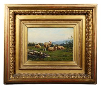 tableau représentant des moutons paissant dans un champ, avec des montagnes en arrière-plan