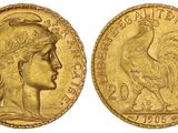 une pièce d'or sur laquelle figurent la tête d'une femme et un oiseau