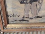 a picture of a painting of a woman walking on the beach