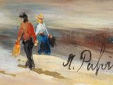 a painting of two people walking on the beach