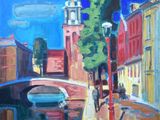 une peinture à l'huile représentant une rue de la ville avec un pont enjambant une rivière