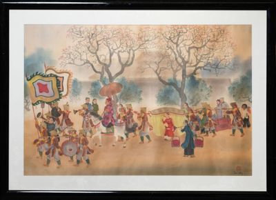 painting of a group of people playing a game in a park