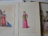 four antique fashion plates of women in pink and blue gowns