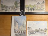 three paintings on the wall of a room with a clock