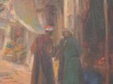 painting of a street scene with people walking down the street