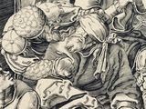 a black and white drawing of a man sitting on a bed with other people