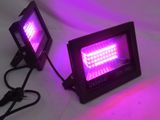 deux projecteurs à LED violets posés sur une surface blanche