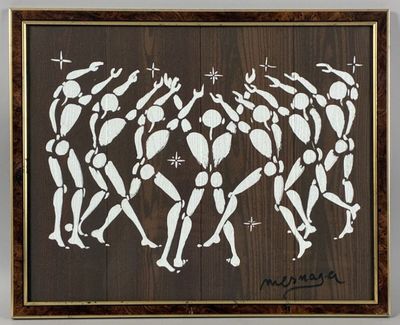 an image of a painting of a group of people in white on a brown background