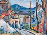 une peinture représentant une rue avec des maisons et des arbres en arrière-plan