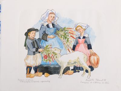 un tableau représentant une femme et deux enfants avec une chèvre