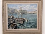 a painting of a harbor scene with boats in the water