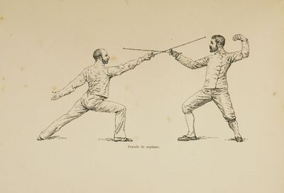 drawing of two men in fencing stance with swords in their hands