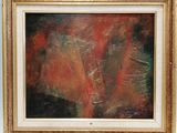 une peinture à l'huile représentant une œuvre abstraite aux couleurs rouge et verte, dans un cadre doré