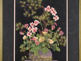 painting of a bonsai tree with pink flowers in a vase