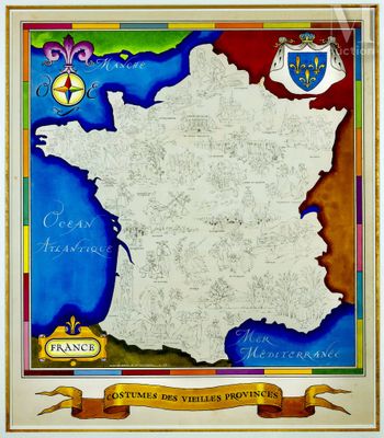 carte de la France avec des drapeaux et des armoiries