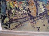a painting of an owl sitting on a branch in front of a window