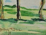 a painting of three trees in a field with a sky background