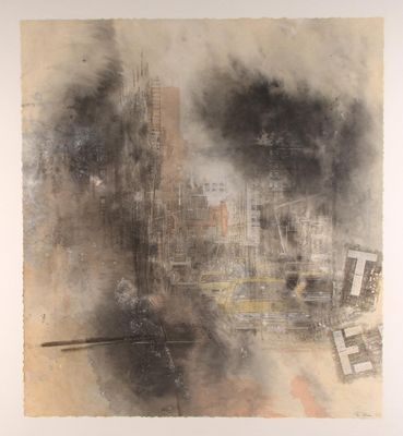 an image of a painting of a city with a lot of smoke coming out of it