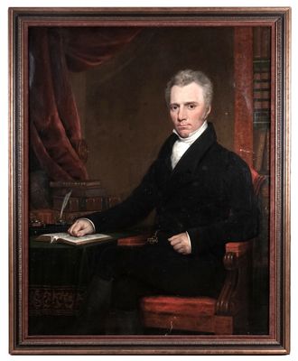 a painting of a man in a black suit sitting at a desk