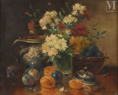 a painting of a vase of flowers and fruit on a table