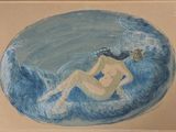 drawing of a woman laying on a surfboard in the ocean