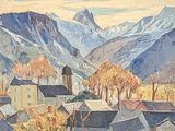 tableau représentant un village de montagne avec une église au premier plan