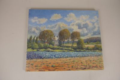 painting of a field with trees and a house in the distance