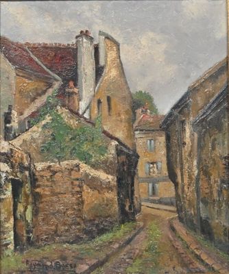 an oil painting of a street in a small town with buildings