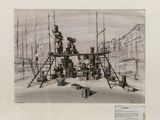 drawing of a construction site with a lot of boxes stacked on top of each other