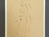 drawing of a woman in a long dress with a hat and a cane