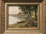 une image représentant un tableau où l'on voit un homme assis sur un banc au bord d'une rivière