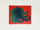 a picture of a painting of an elephant on a red background